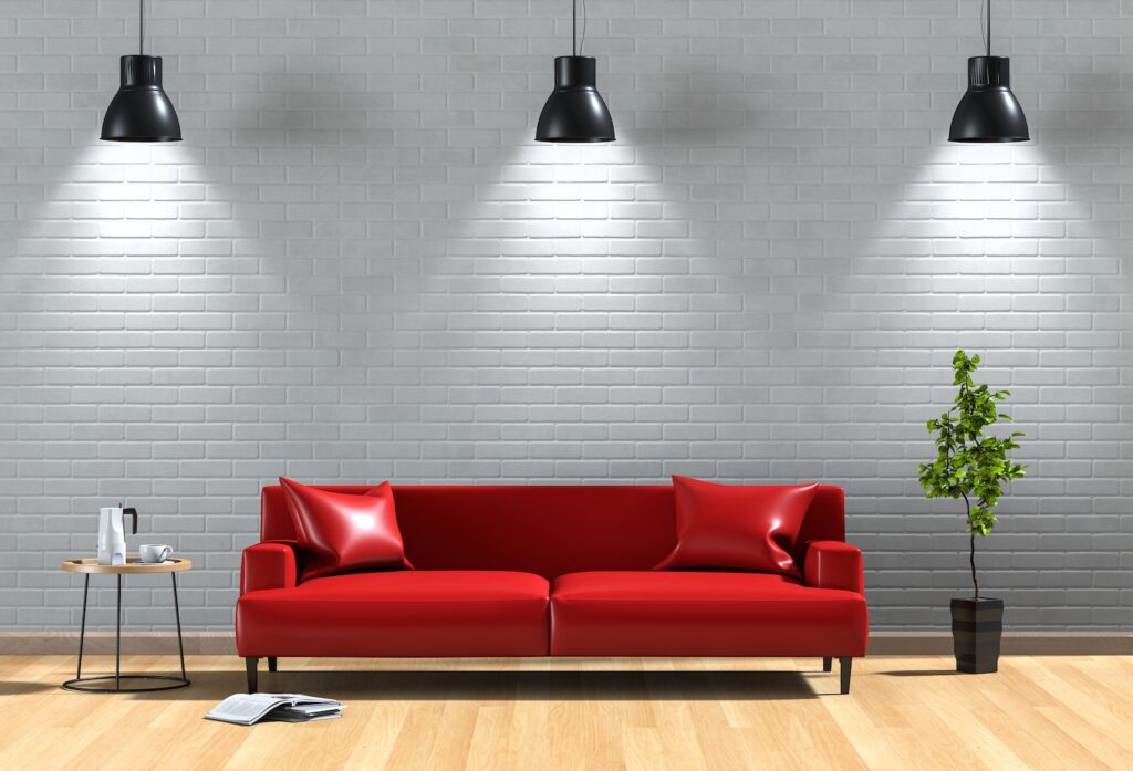 interior living lighting room brick wall with sofa, plant, lamp